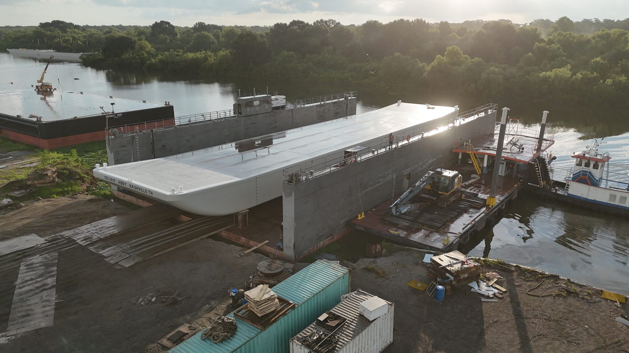 Aerial view of new-build barge GD 2610 ABBY at the shipyard