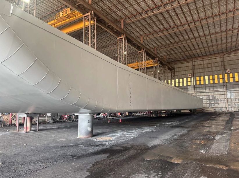 Underside of a new barge hull in the fabrication shop