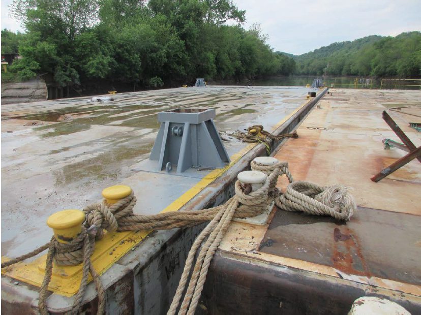 Spud barge corner post and deck fittings