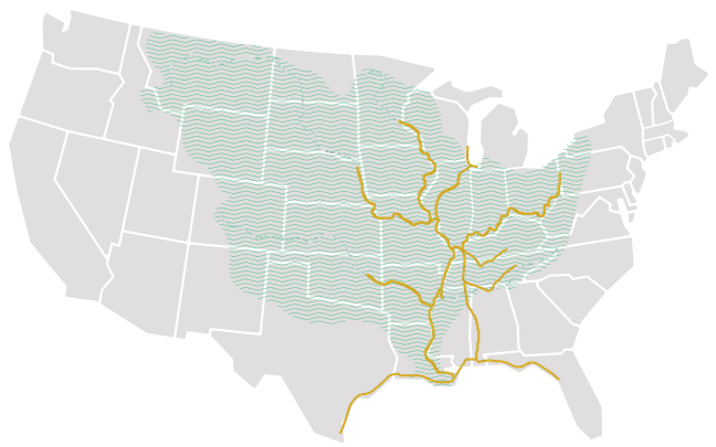 Map of the inland waterway system served by Glenn E. Daulton, Inc., from the Upper Mississippi and Great Lakes south to the Gulf Intracoastal Waterway
